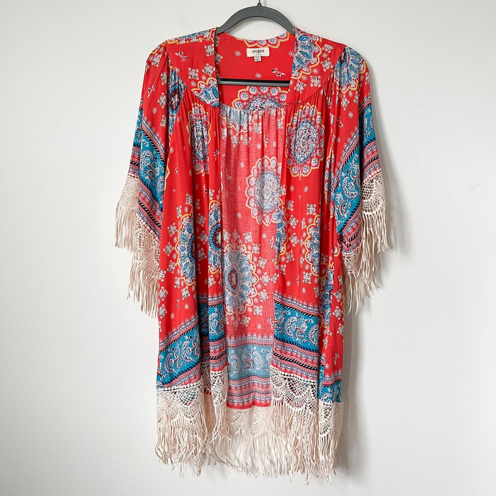 Umgee Boho‎ Coral Print Open Front Kimono Fringe Wide Sleeves Crochet Womens S/M